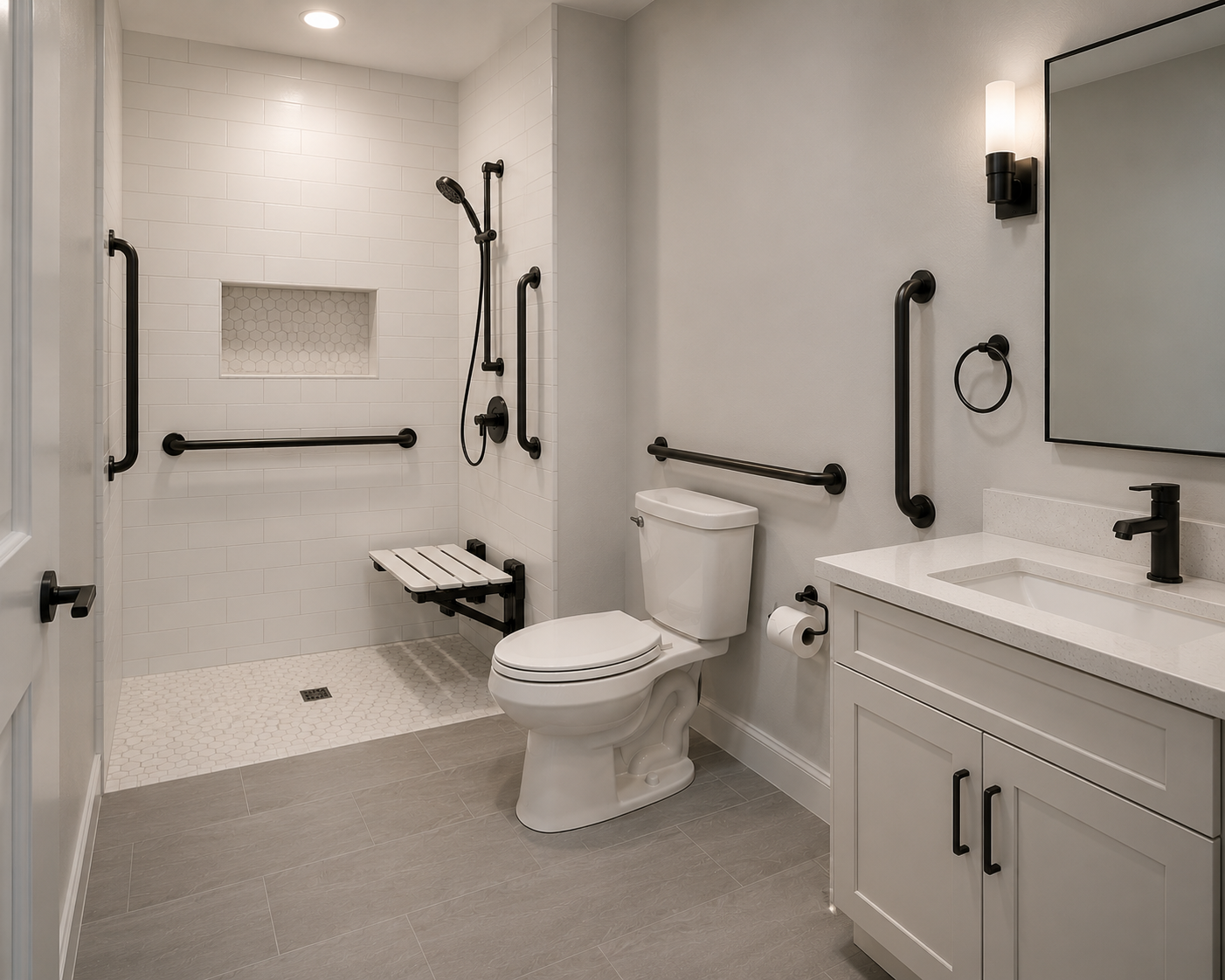 Aging-in-place bathroom with grab bars and shower bench
