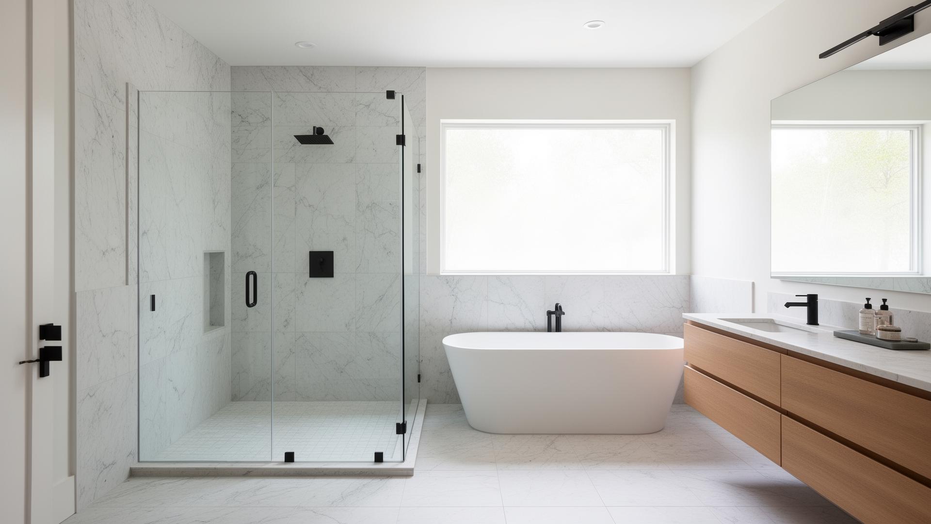 Modern luxury bathroom remodel with curbless tile shower, freestanding tub, and floating wood vanity